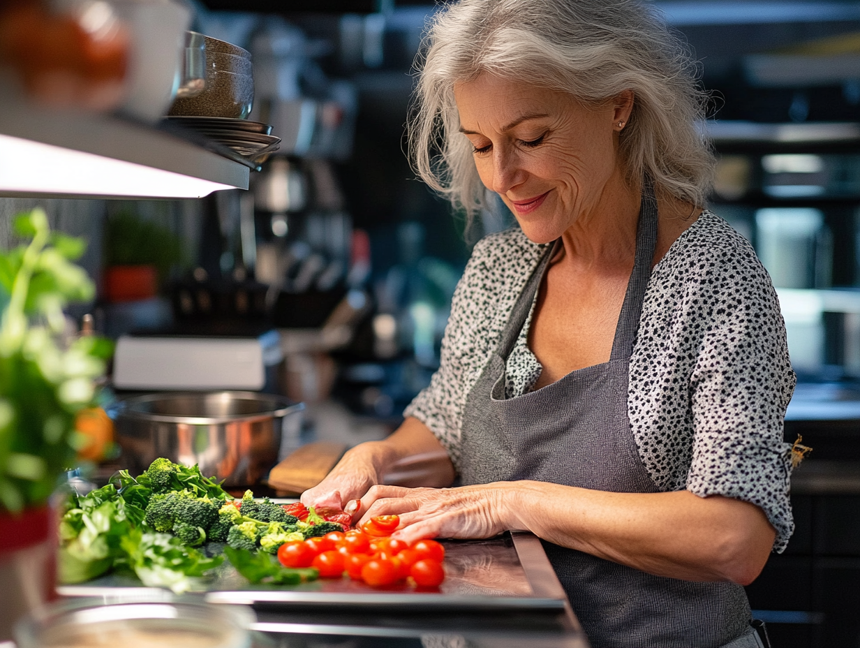 Усмихнати възрастни хора готвят здравословна храна заедно в кухнята