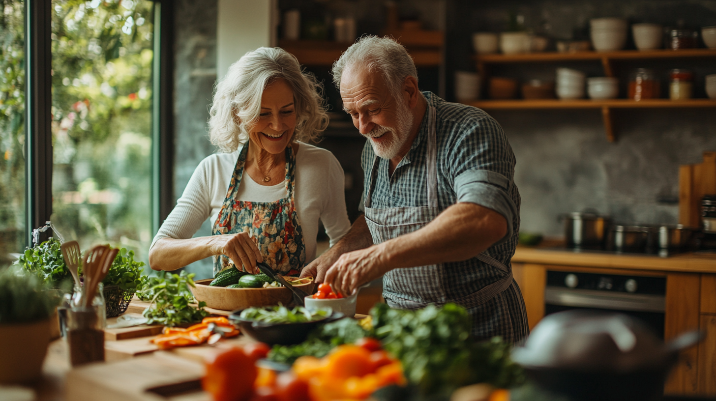 Група от хора в зряла възраст споделят здравословна храна на красива маса